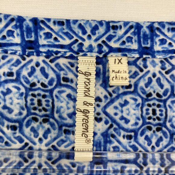 Grand & Green size 1X Blue V Neck Abstract Pattern Ultra Soft Blouse Office - Picture 2 of 12